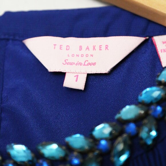 Ted Baker Lovina Jewel Embellished Accordion Pleated Blouse Cobalt Royal Blue 4 - Picture 9 of 16